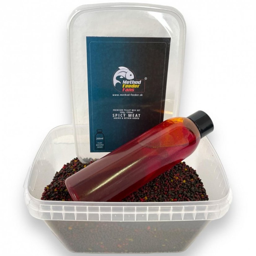 Premium Pellet Mix SET FLUO 500g + 200ml - Príchuť: Spicy meat - Korenie - mäso