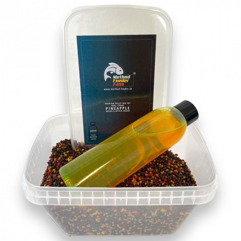 Premium Pellet Mix SET FLUO 500g + 200ml - Príchuť: Spicy meat - Korenie - mäso