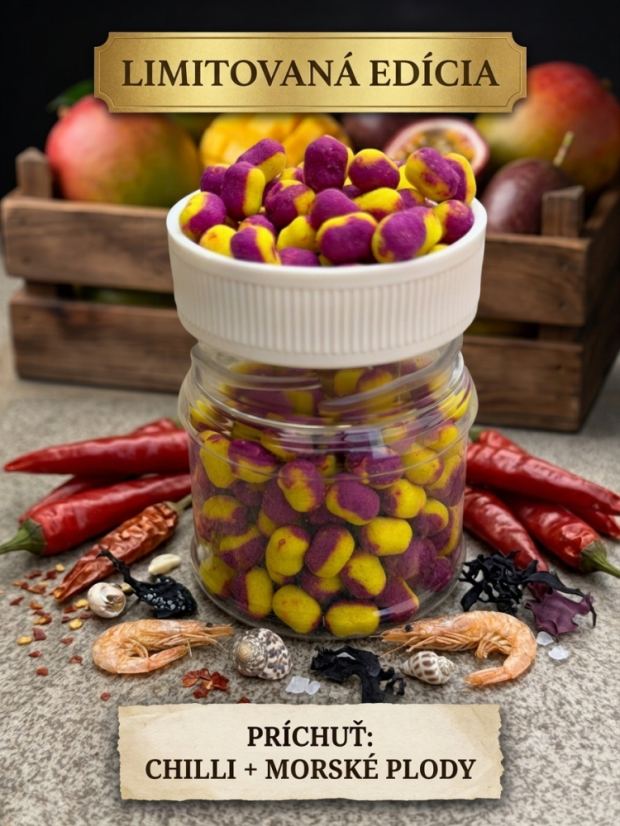 🦑 Dvojfarebné Wafter Dumbells 5 mm – Morské plody + Chilli (Fialovo-žltá) – LIMITOVANÁ EDÍCIA