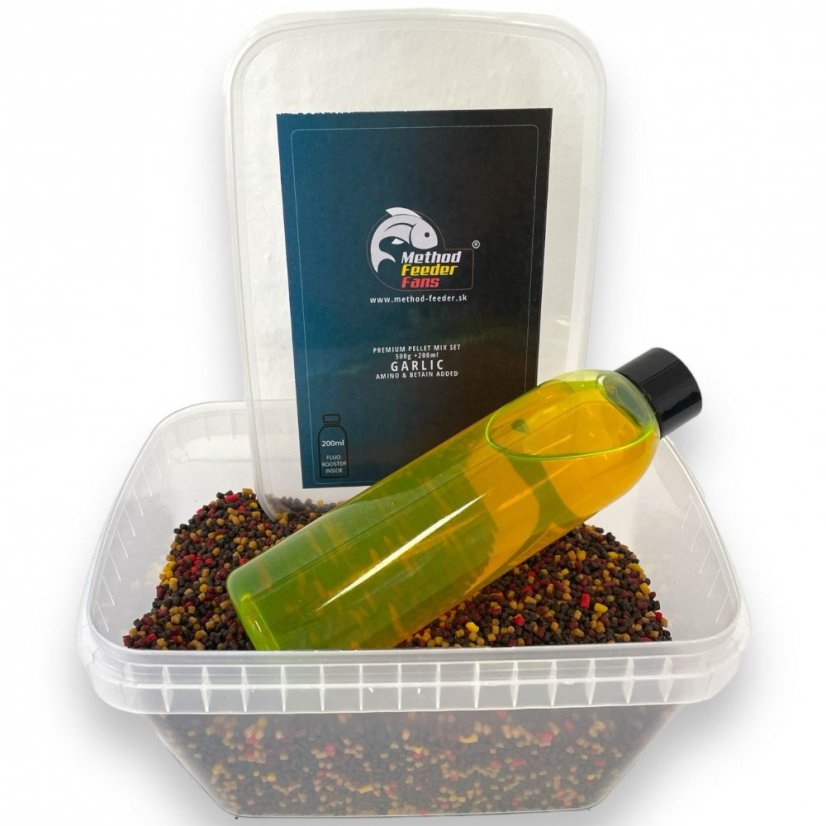 Premium Pellet Mix SET FLUO 500g + 200ml - Príchuť: Spicy meat - Korenie - mäso