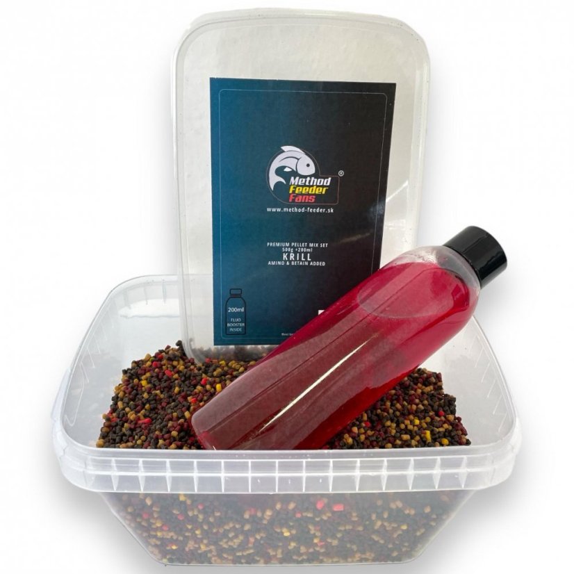 Premium Pellet Mix SET FLUO 500g + 200ml - Príchuť: Spicy meat - Korenie - mäso